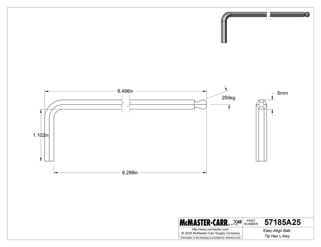 Technical Drawing of Black-Oxide Alloy Steel Easy-Align Ball-Tip L-Key, 5 mm Hex Drive Size, 6-9/16" Overall Length.